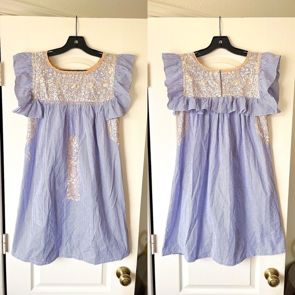 Mi Golondrina Dresses & Skirts - Mi Golondrina Soledad Mini Dress Floral Embroidered Cotton Blue Gold XS EUC